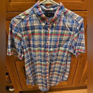 💫Ralph Lauren button down plaid short sleeve shirt L (14-16)💫preppy Holiday